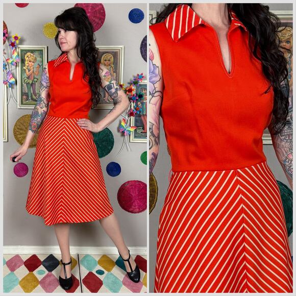 Vintage Dresses & Skirts - Vintage 1970s Red Striped Sleeveless A-Line Dress
